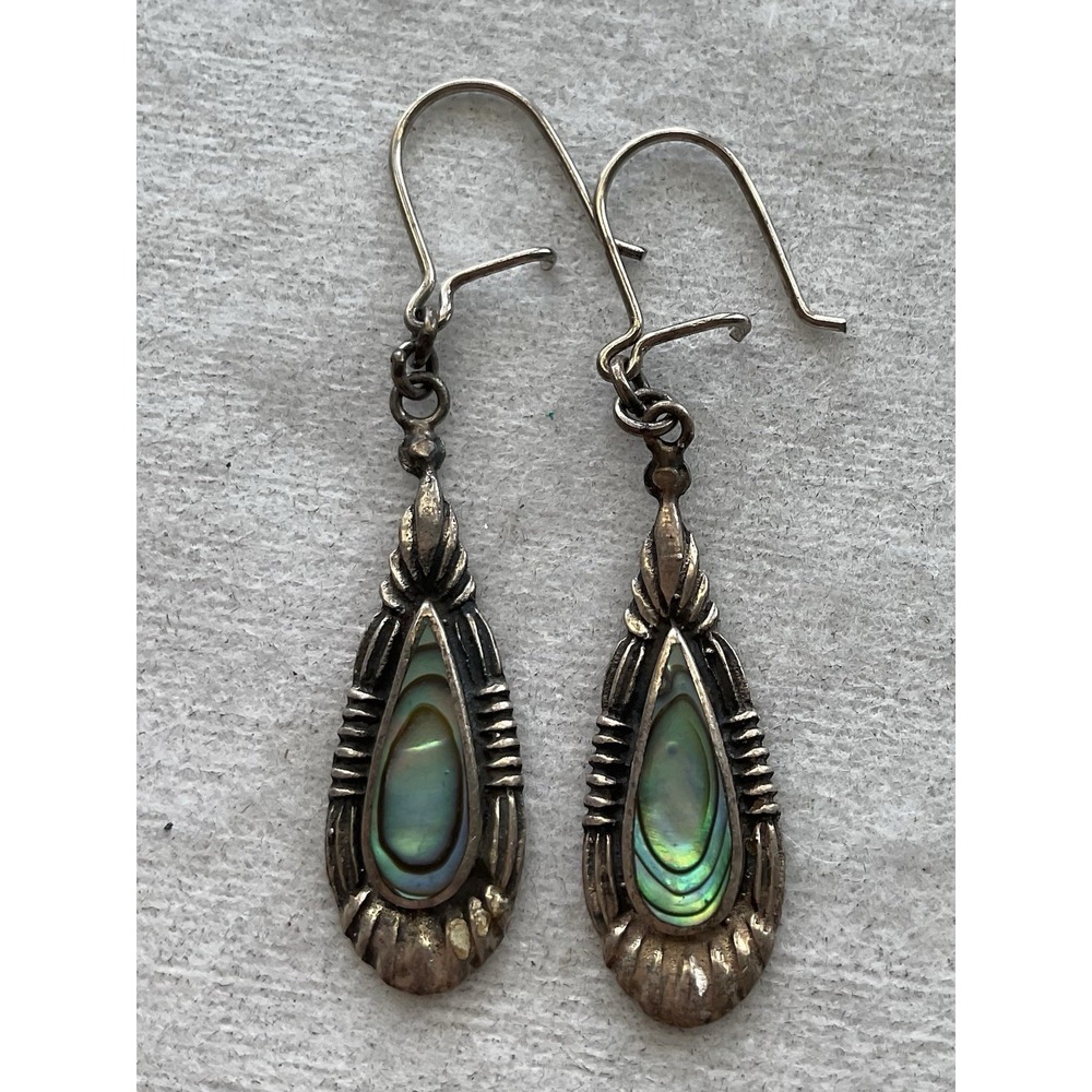 vintage 925 Sterling Silver Abalone teardrop dangle earrings Estate Jewelry